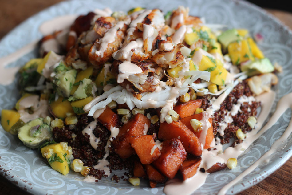 Quinoa and Caramelized Sweet Potato Fish Tacos with Mango/Avocado Salsa | This African Cooks