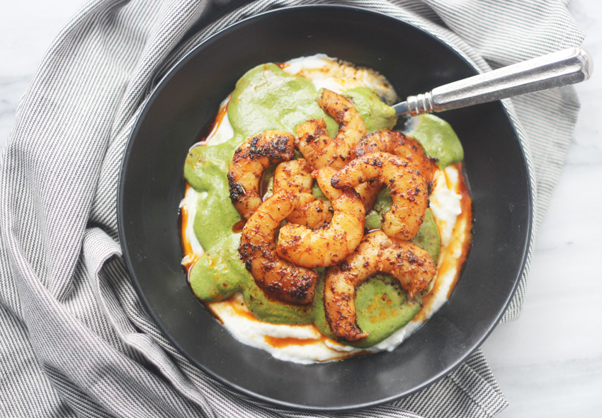 Whole30/Paleo pureed cauliflower with pesto and blackened shrimp | This African Cooks