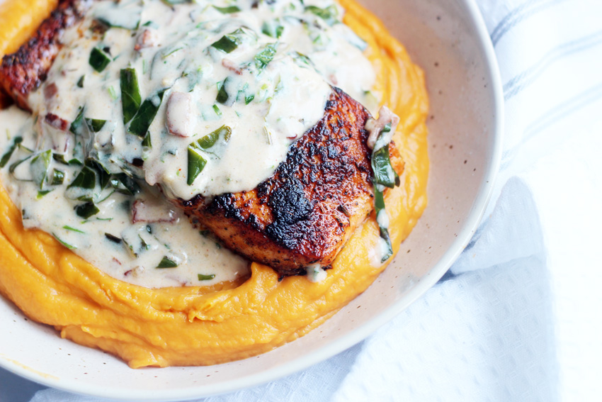 Whole30/Paleo pan-seared salmon with pureed sweet potatoes and collard ...