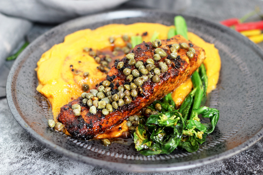 Whole30/Paleo Salmon Piccata with With Creamy Pureed Sweet Potatoes | This African Cooks